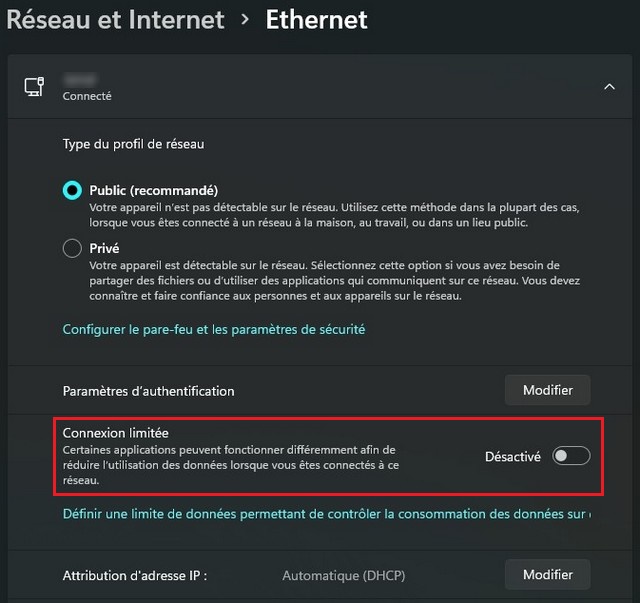 Désactiver la connexion limitée sur Windows 11