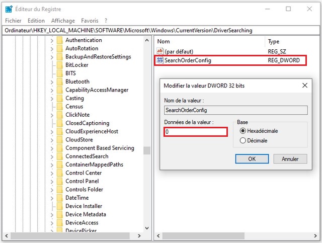 Désactiver installation automatique des pilotes à partir du registre
