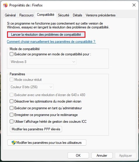 Lancer la résolution des problèmes de compatibilité