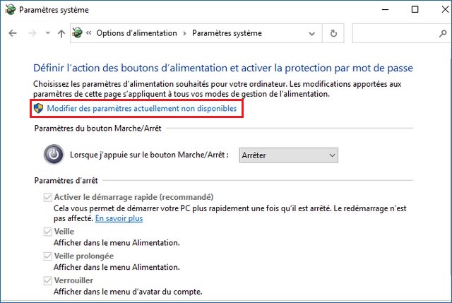 Modifier les paramètres actuellement non disponibles