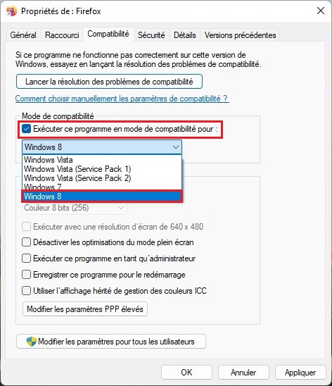 Modifier manuellement le mode de compatibilité des applications