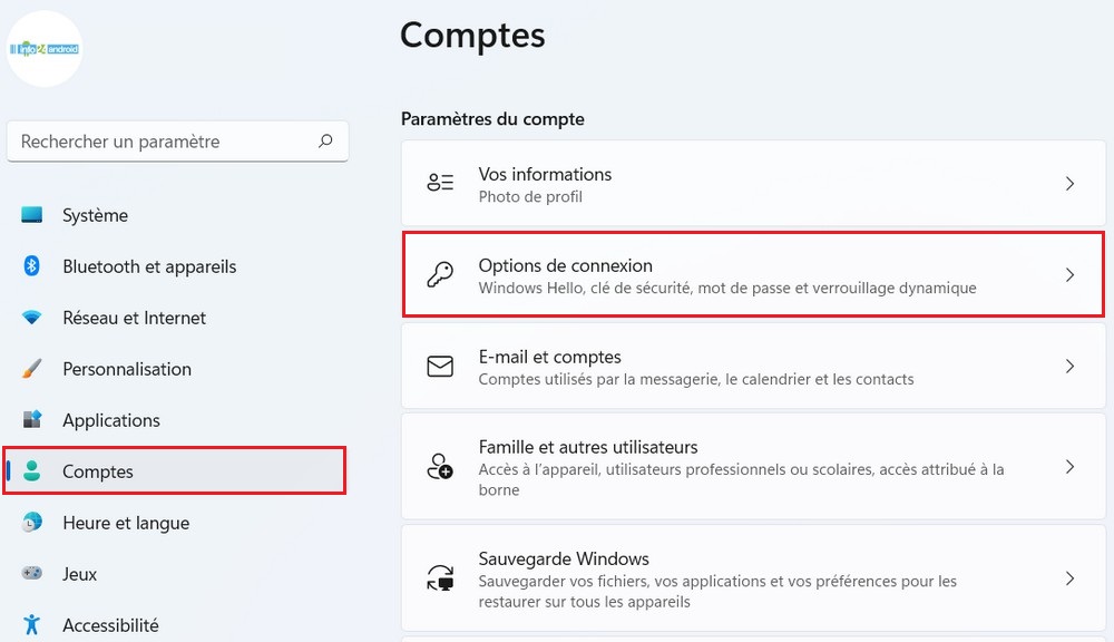 Options de connexion