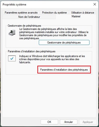 Paramètres d'installation des périphériques