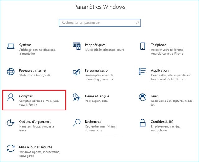 Paramètres sur Windows 10