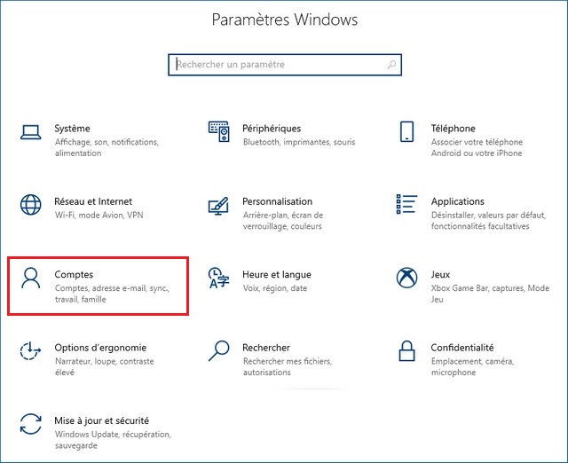 Paramètres sur Windows 10