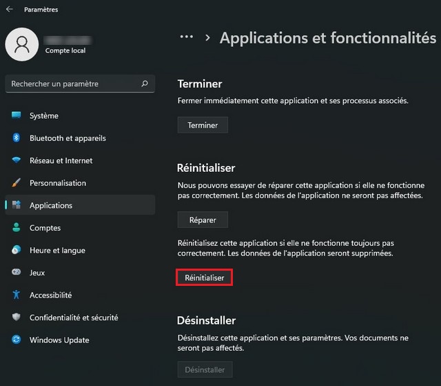 Réinitialiser l'application Paramètres sur Windows 11