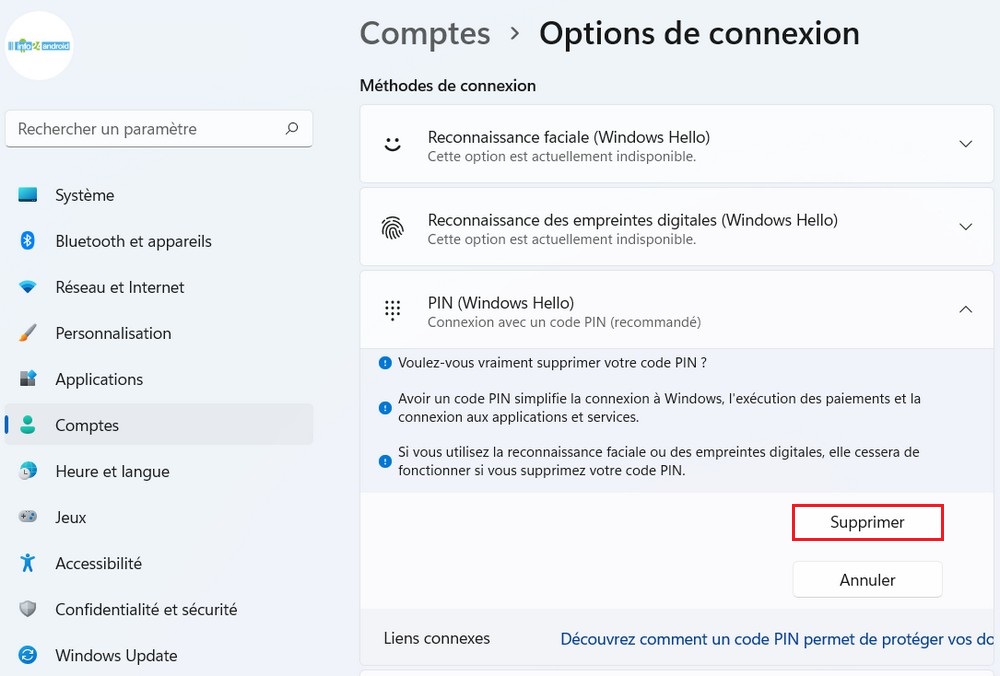 Supprimer le code PIN au démarrage