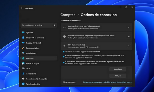 Supprimer le code PIN au démarrage Windows 11