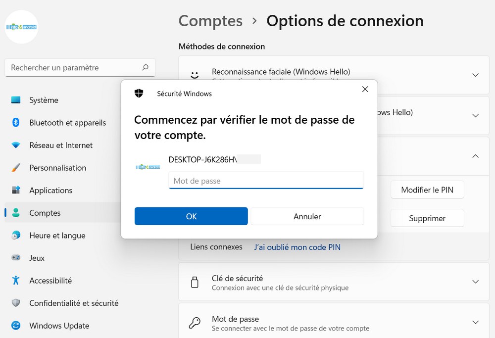 Supprimer le code PIN au démarrage de Windows 11