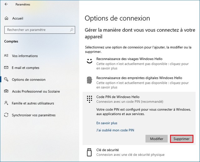 Supprimer le code PIN au démarrage