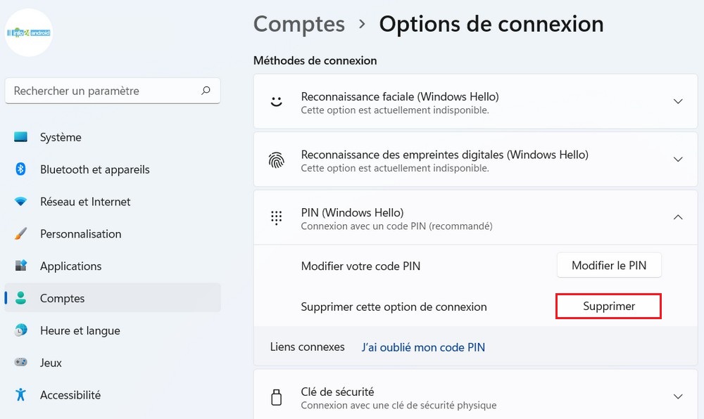 Supprimer le code PIN sur Windows 11