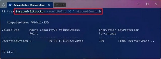 Suspendre BitLocker avec les commandes PowerShell
