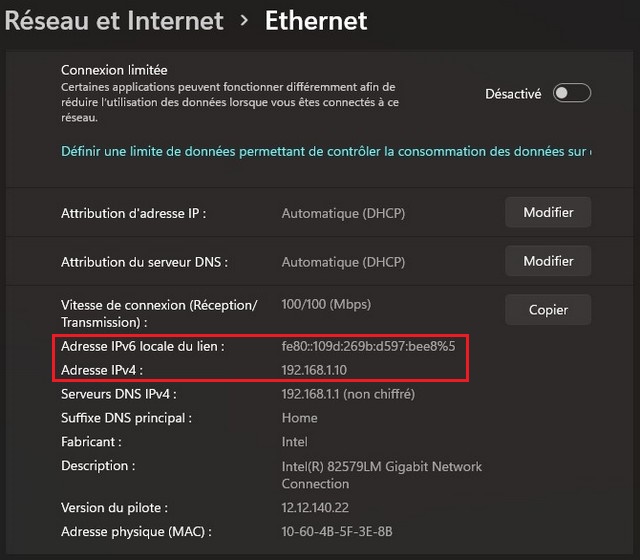 Vérifier l'IP à partir de la méthode de l'application Paramètres