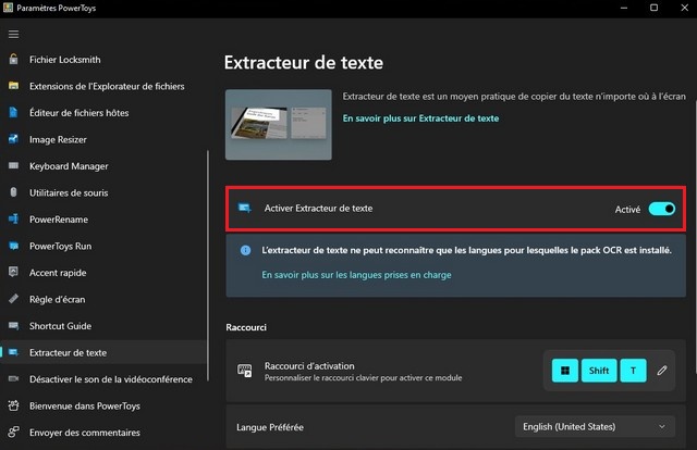 Activer Extracteur de texte