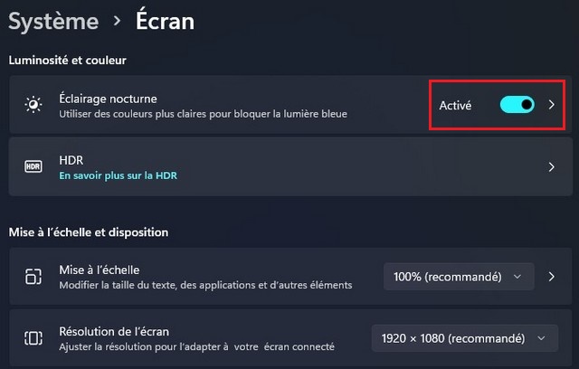 Activer éclairage nocturne sur Windows 11