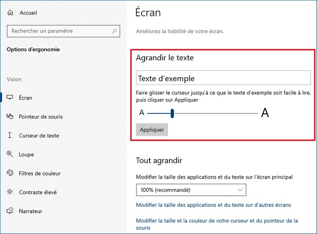 Agrandir la police sur Windows 10