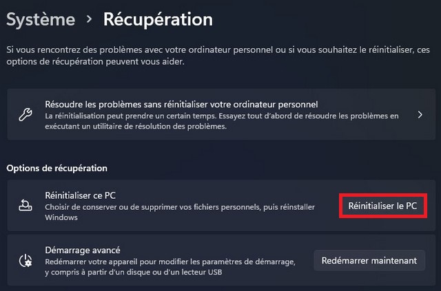 Cliquer sur Réinitialiser le PC