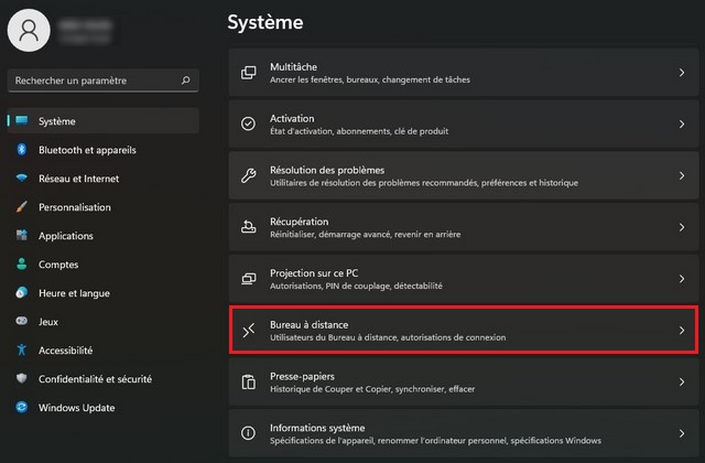 Cliquez sur Bureau à distance