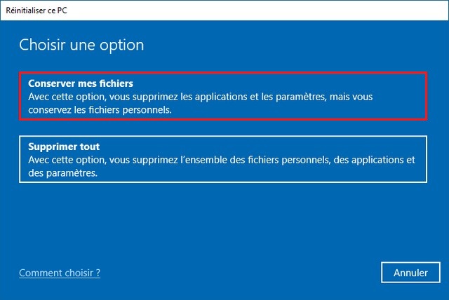 Cliquez sur Conserver mes fichiers