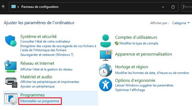 Cliquez sur Désinstaller un programme