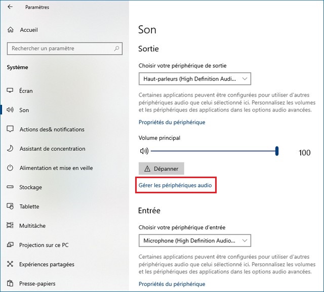 Cliquez sur Gérer les périphériques audio