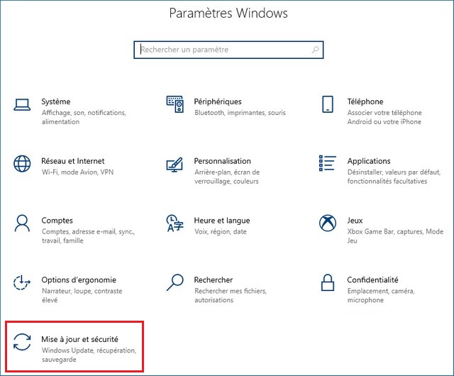 Cliquez sur Mise à jour et sécurité