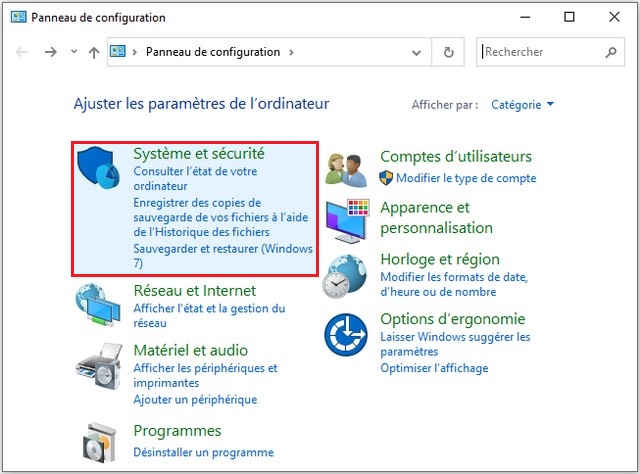 Cliquez sur Système et sécurité