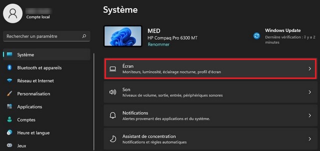 Cliquez sur la page Écran