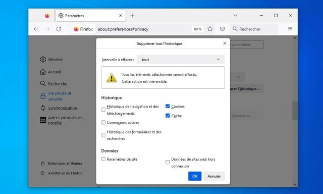 Comment vider le cache et supprimer les cookies sur Firefox