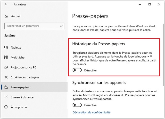 Désactiver Historique du Presse-papiers