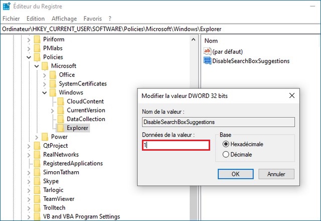 Désactiver la recherche Web (Bing)