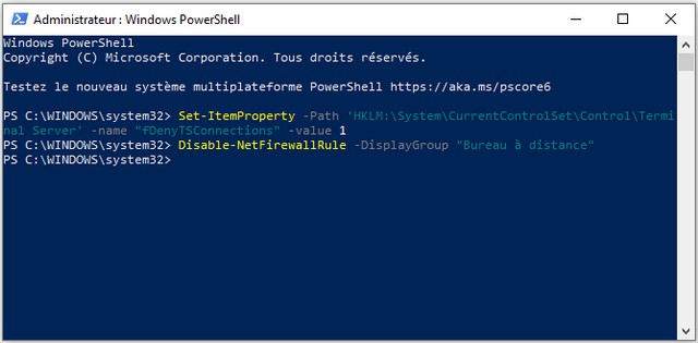 Désactiver le bureau à distance à partir de PowerShell