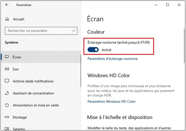 Désactiver l'éclairage nocturne sur Windows 10