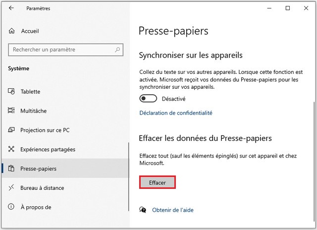 Effacer historique du presse-papiers