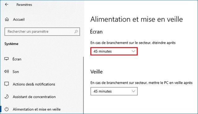Modifier la mise en veille de l'écran