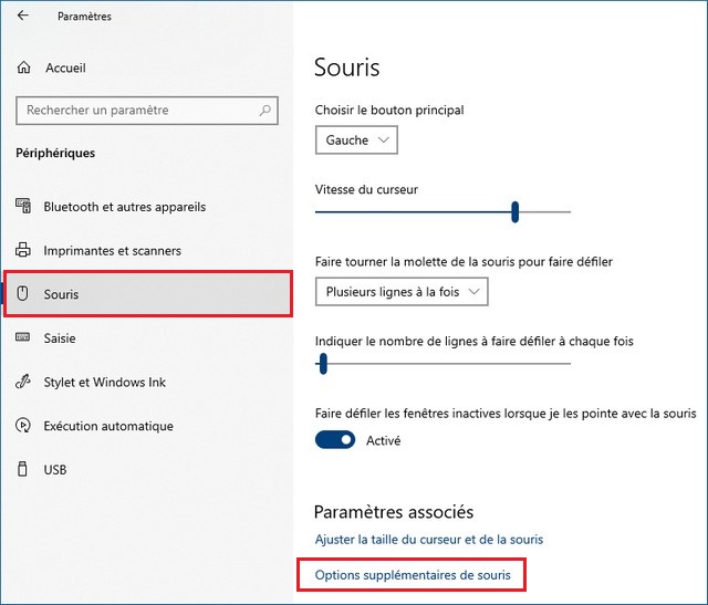 Options supplémentaires de souris