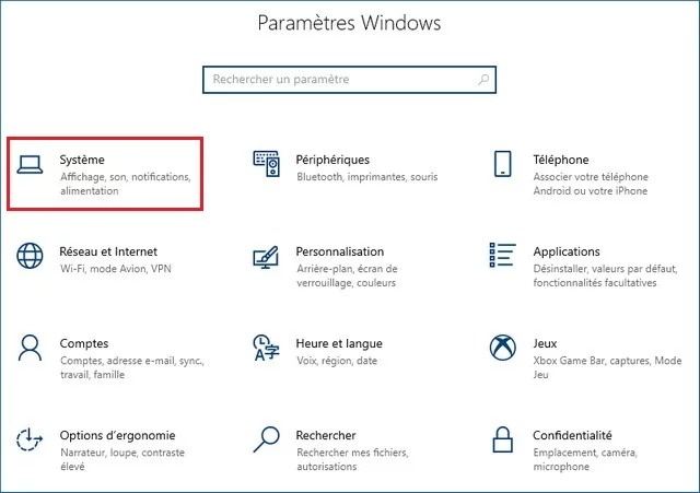 Paramètres Windows 10