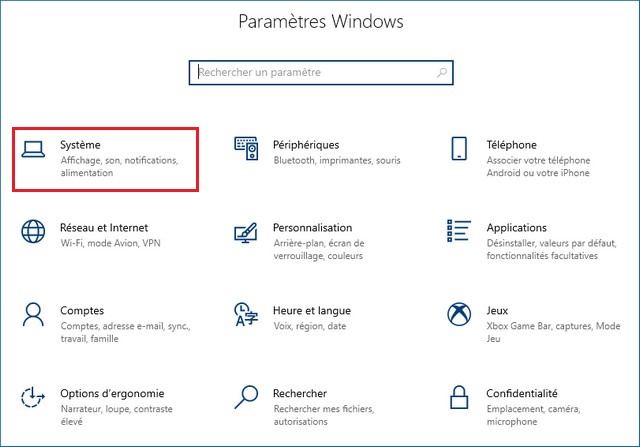 Paramètres Windows 10