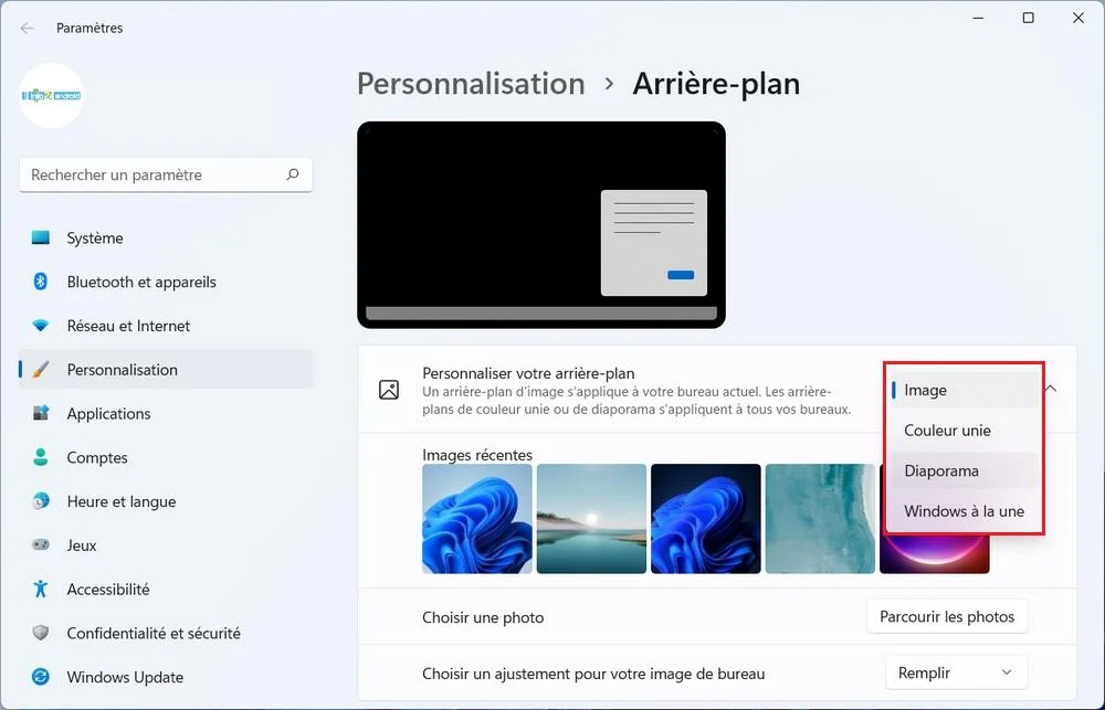 Paramètres de personnalisation