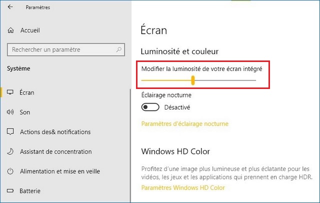 Régler la luminosité sur Windows 10