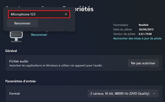 Renommer un périphérique audio sous Windows 11