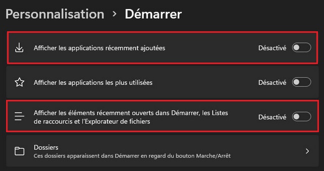 Supprimer les recommandations du menu Démarrer
