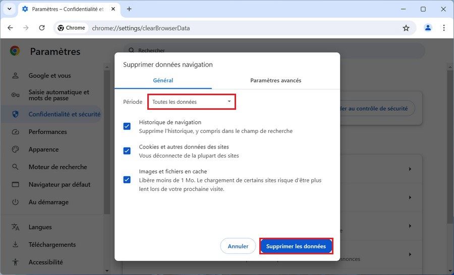 Vider le cache et supprimer les cookies