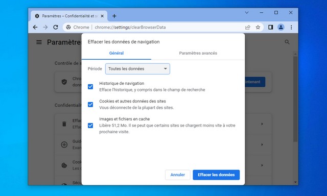 Vider le cache et supprimer les cookies sur Google Chrome