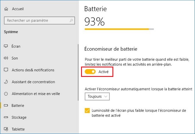 Activer l'économiseur de batterie sur Windows 10