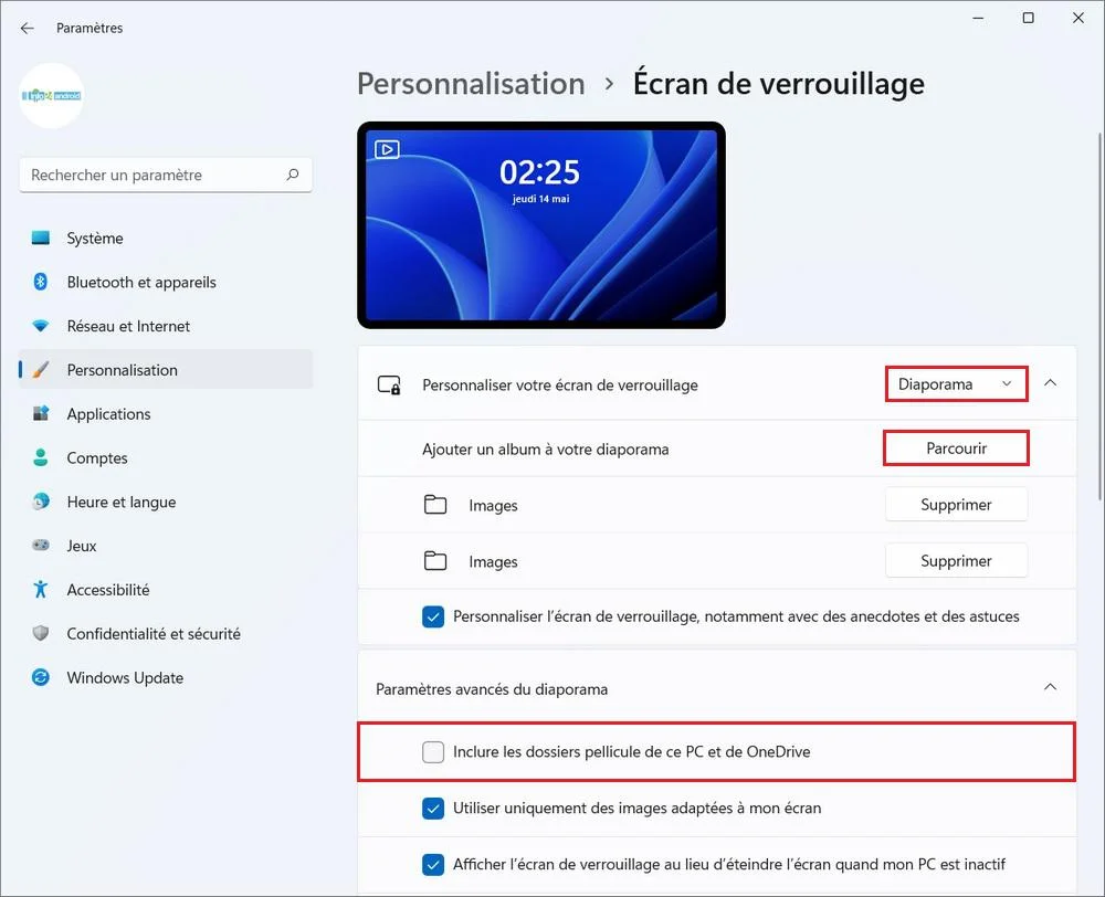 Activer un diaporama sur l'écran de verrouillage
