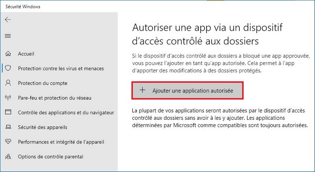 Autoriser la protection des applications contre les ransomwares