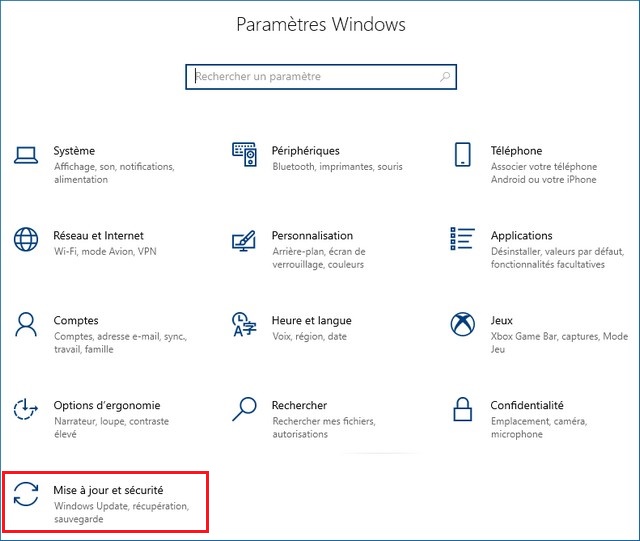 Cliquez sur Mise à jour et sécurité