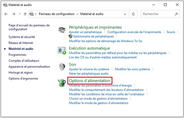 Cliquez sur Options d'alimentation