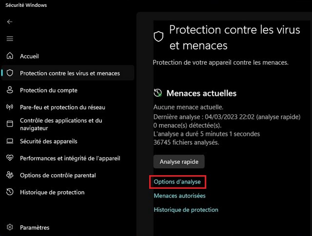 Cliquez sur Options d'analyse